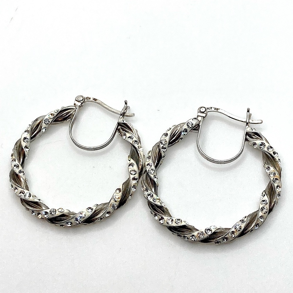 Vtg Sterling Silver Rhinestone & White Enamel Large Twist Glitter Hoops 1.4”